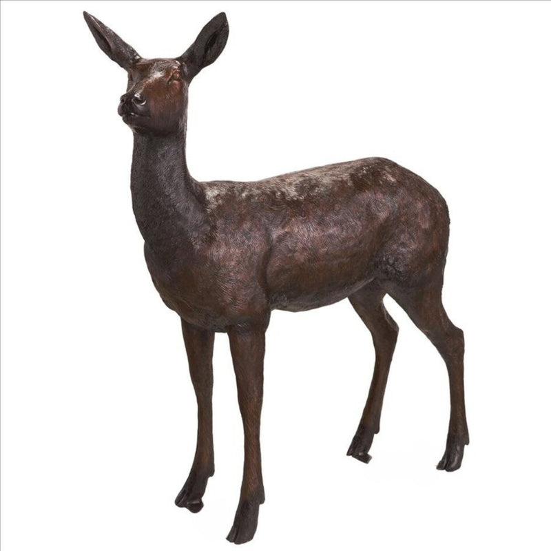 Side angle of a doe deer statue- Pair of bronze deer garden statues together