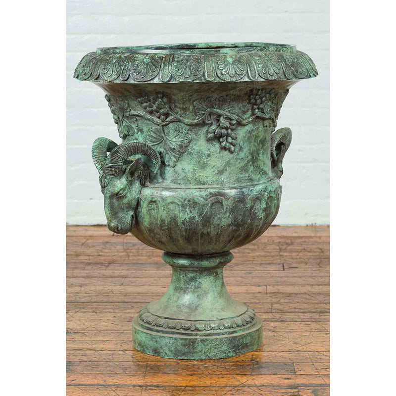 Classical Roman Style Bronze Urn Planter with Verde Patina and Rams Head-Custom Bronze Statues & Fountains for Sale-Randolph Rose Collection