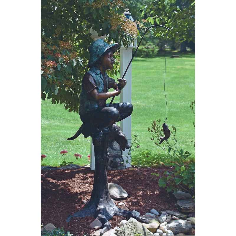Bronze Statue of a Boy Fishing with a Dog