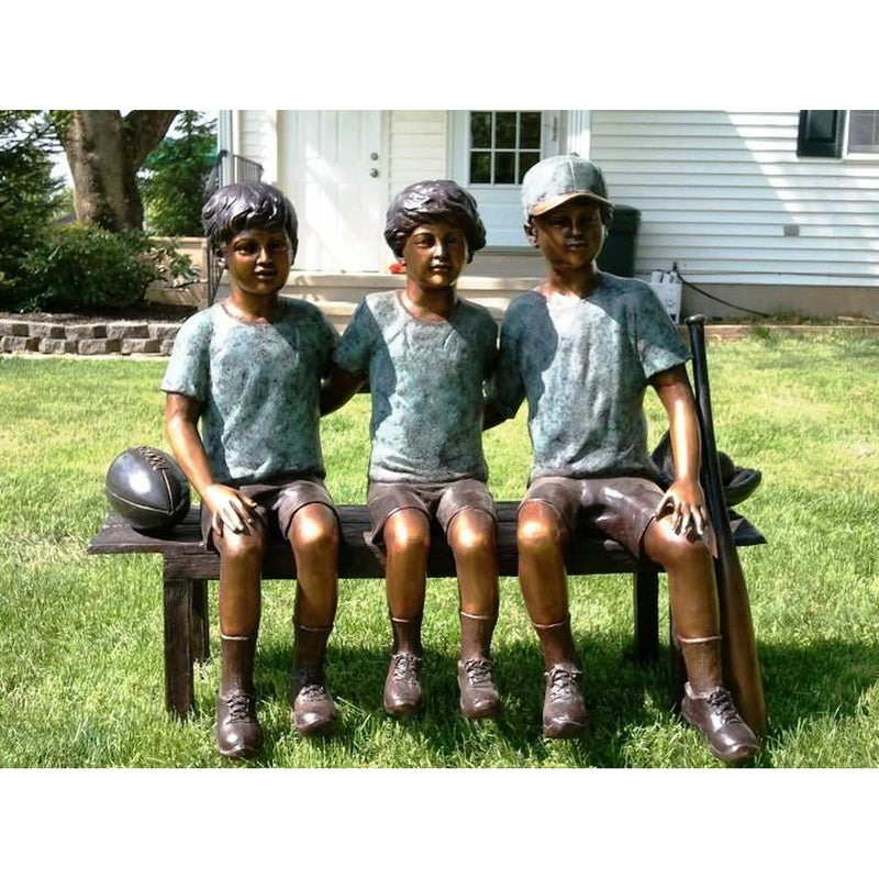 Bronze Children Sports Statue of  Three Boys Sitting on Bench