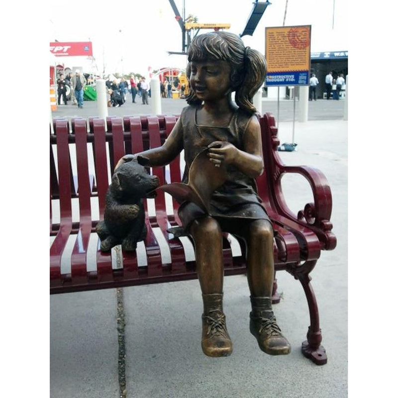 Bronze Statue of a Girl Reading a Book with a Puppy Dog