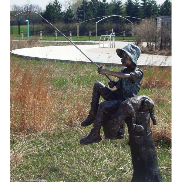 Bronze Statue of a Boy Fishing With His Dog