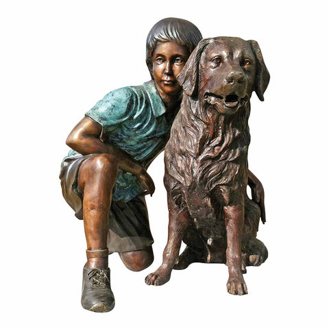 Bronze Statue of a Boy and Golden Retriever Statue
