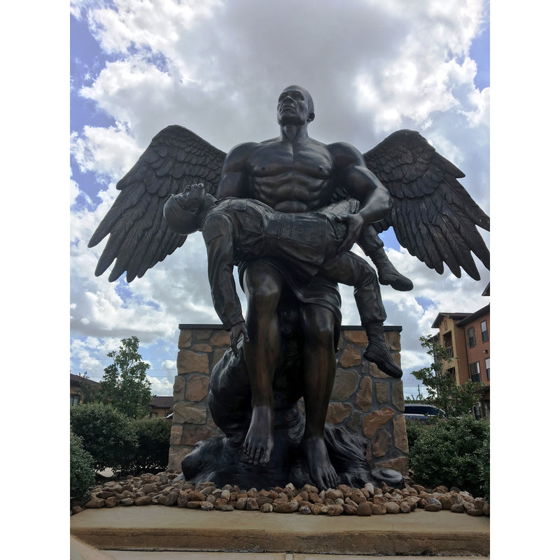 Custom Patriotic Bronze Angel Sculpture Taking USA Fallen Soldier to Heaven