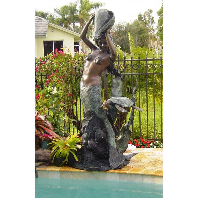 Bronze Mermaid and Sea Turtle With Water Flowing from Conch Shell