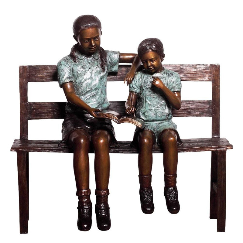 Bronze Statue of a Boy and Girl - Children Reading a Book on a Bench