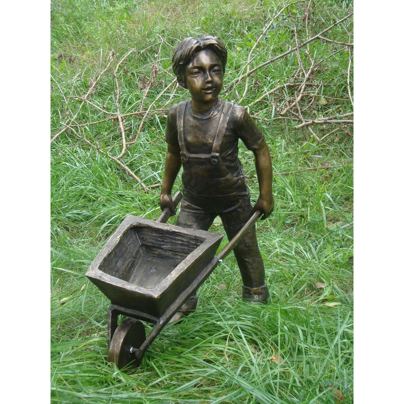 Bronze Statue of Boy with Wheelbarrow Planter