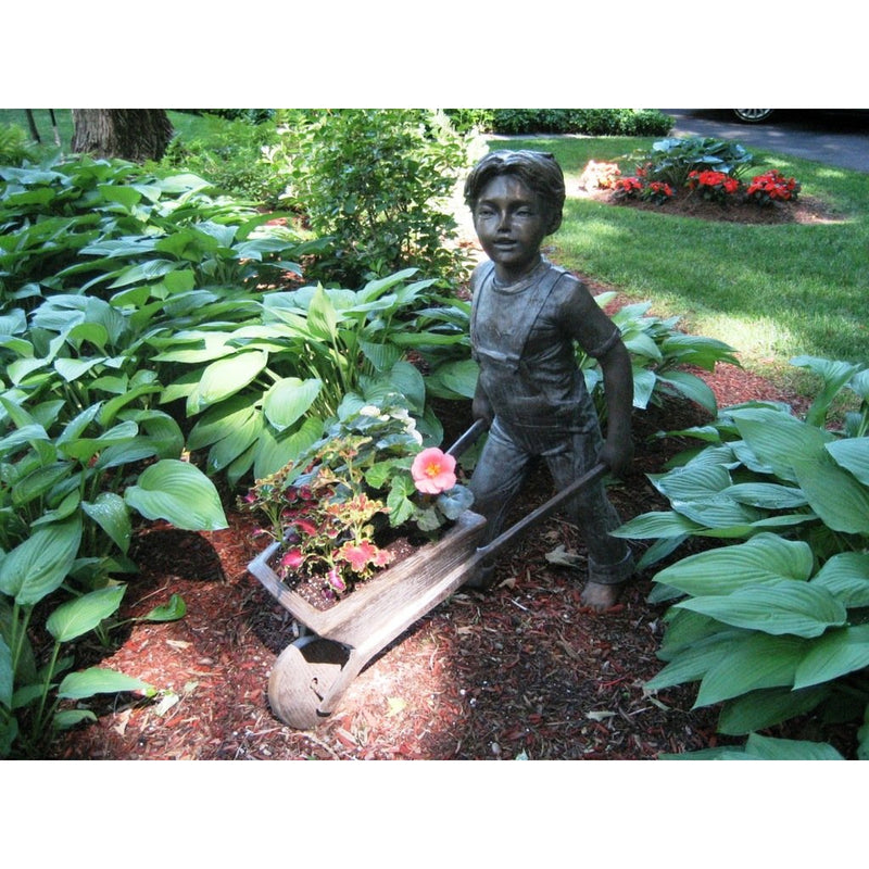 Bronze Statue of Boy with Wheelbarrow Planter