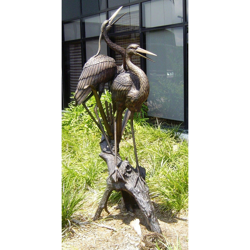 Bronze Fountain of Two Blue Herons on Tree Stump