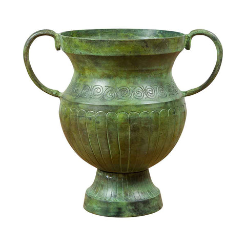 Classical Style Urn with Verde Patina, Large Handles and Gadroons