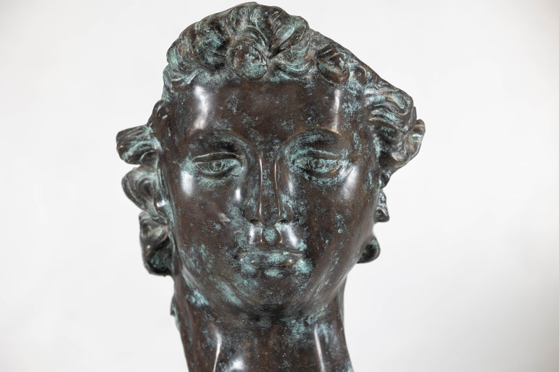 Bronze Renaissance-Inspired David Head Sculpture on Black Marble Base