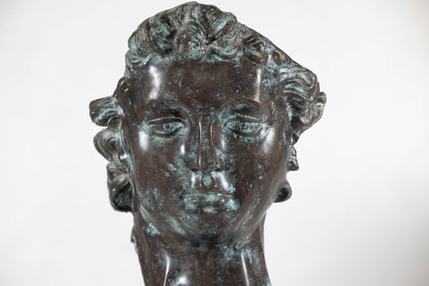 Bronze Renaissance-Inspired David Head Sculpture on Black Marble Base