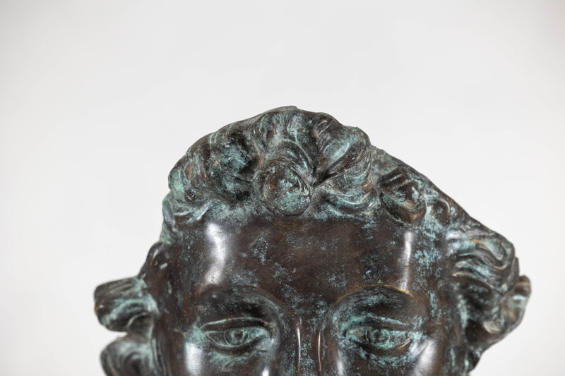 Bronze Renaissance-Inspired David Head Sculpture on Black Marble Base
