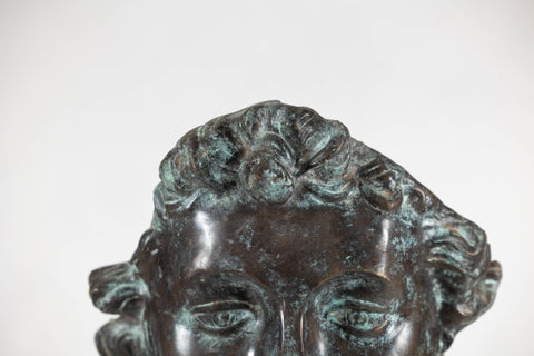 Bronze Renaissance-Inspired David Head Sculpture on Black Marble Base