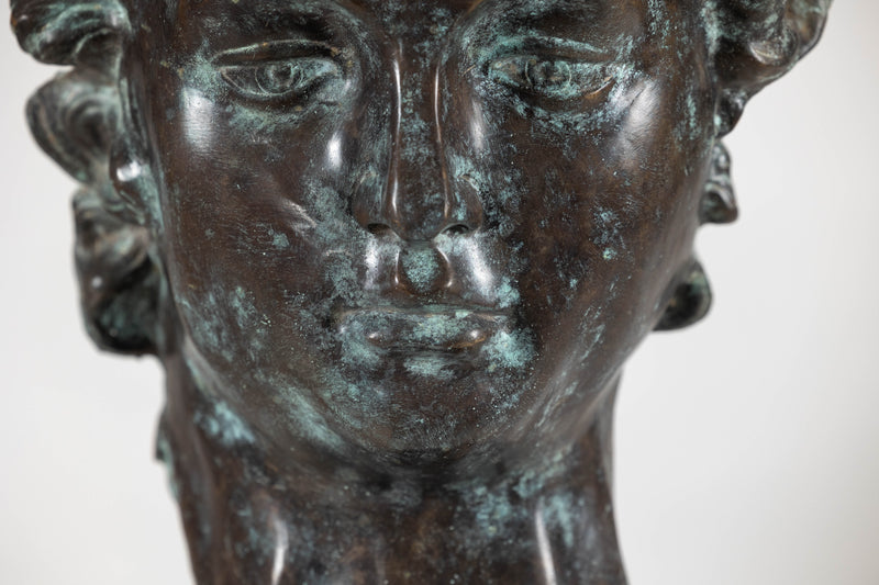 Bronze Renaissance-Inspired David Head Sculpture on Black Marble Base