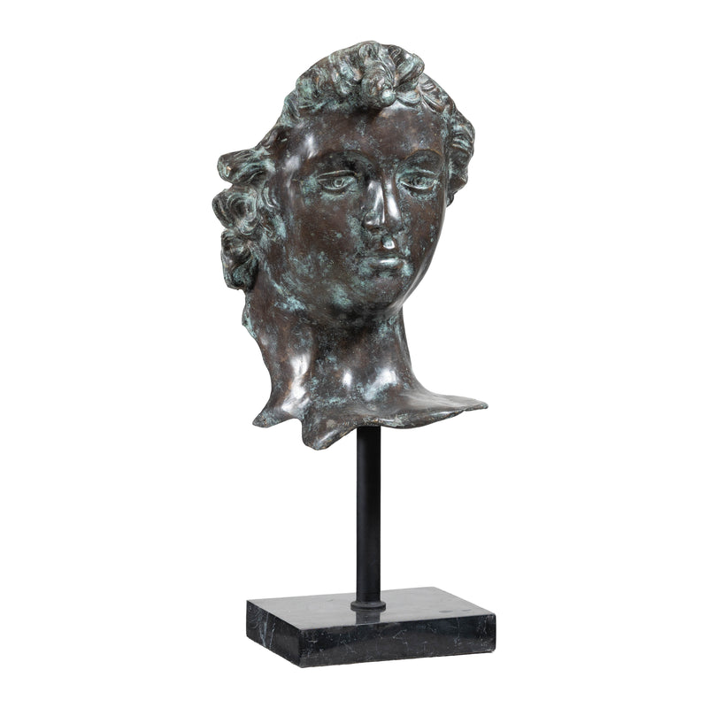 Bronze Renaissance-Inspired David Head Sculpture on Black Marble Base