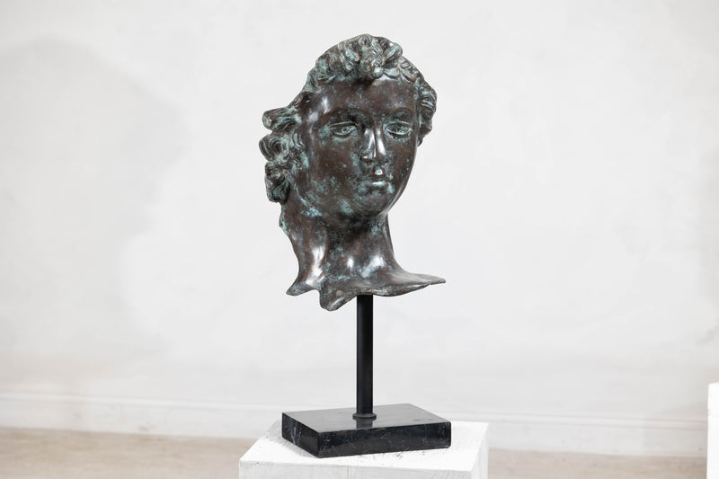 Bronze Renaissance-Inspired David Head Sculpture on Black Marble Base