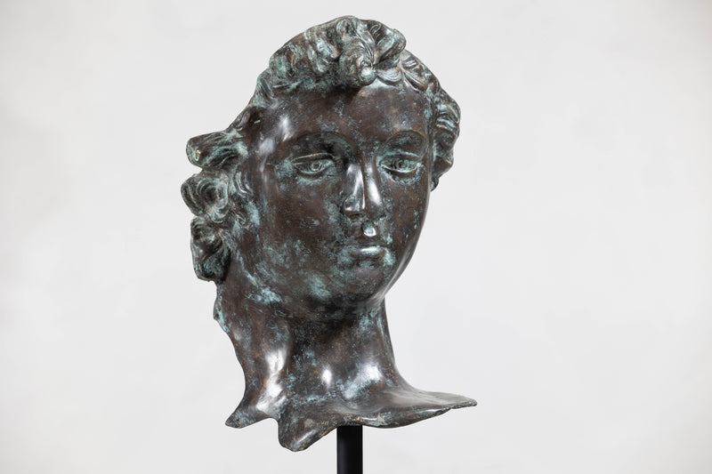 Bronze Renaissance-Inspired David Head Sculpture on Black Marble Base