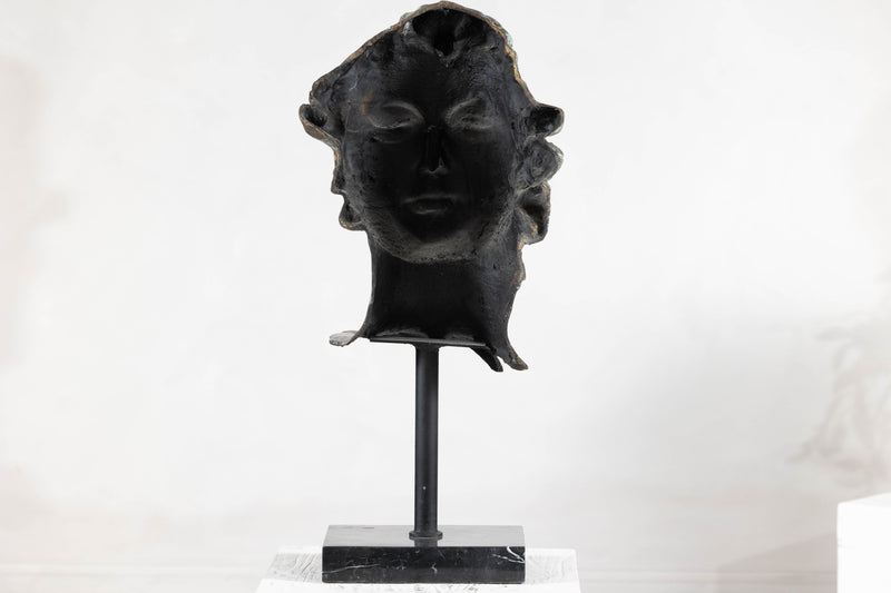 Bronze Renaissance-Inspired David Head Sculpture on Black Marble Base