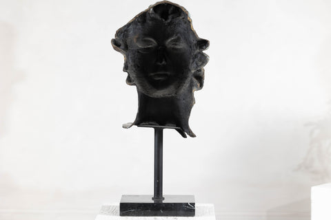 Bronze Renaissance-Inspired David Head Sculpture on Black Marble Base