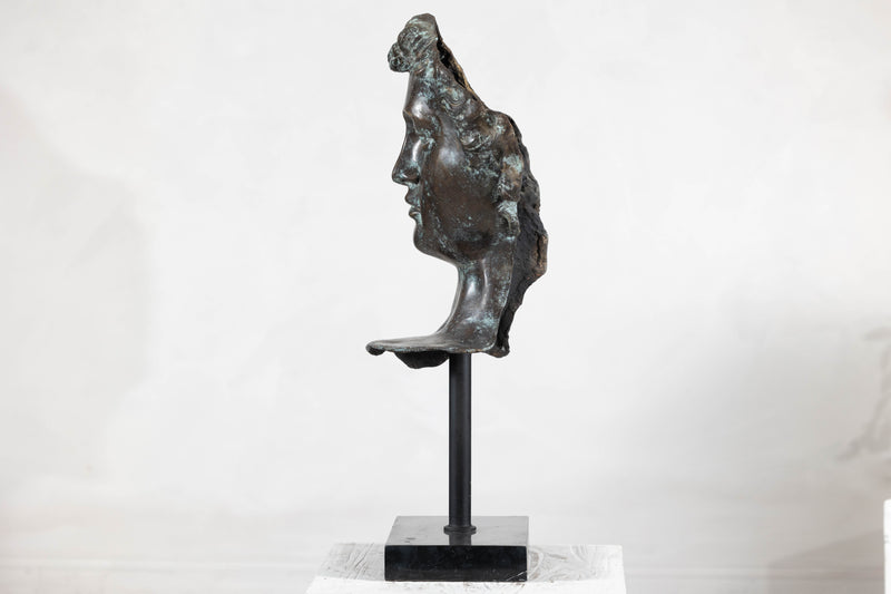 Bronze Renaissance-Inspired David Head Sculpture on Black Marble Base