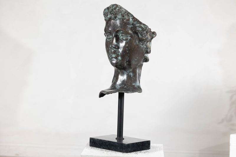 Bronze Renaissance-Inspired David Head Sculpture on Black Marble Base