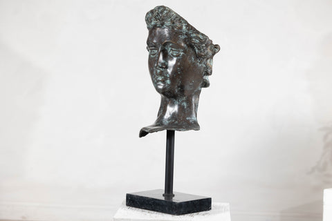 Bronze Renaissance-Inspired David Head Sculpture on Black Marble Base