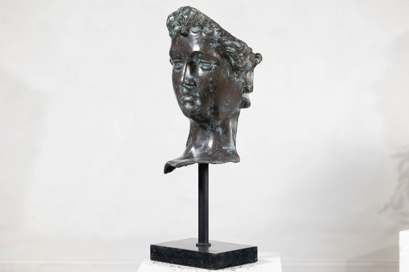 Bronze Renaissance-Inspired David Head Sculpture on Black Marble Base