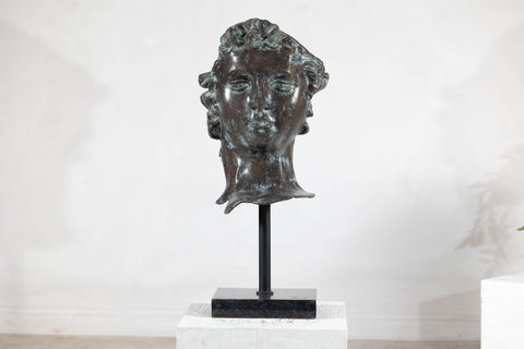 Bronze Renaissance-Inspired David Head Sculpture on Black Marble Base