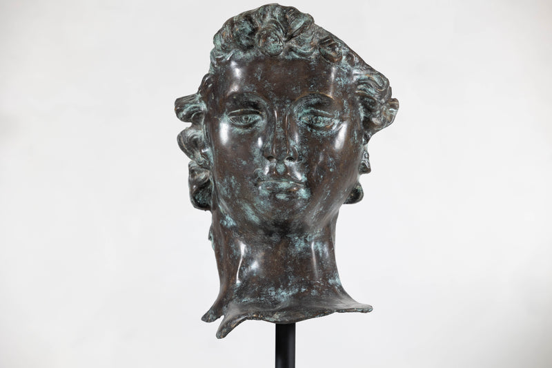 Bronze Renaissance-Inspired David Head Sculpture on Black Marble Base