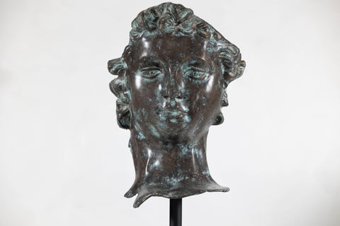 Bronze Renaissance-Inspired David Head Sculpture on Black Marble Base