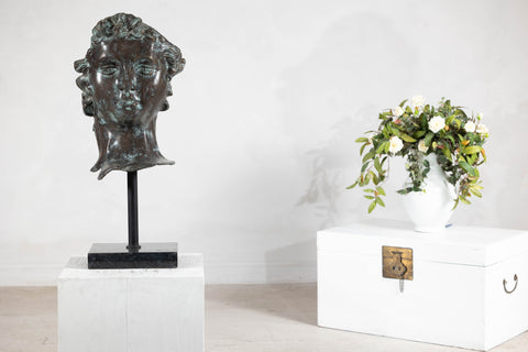 Bronze Renaissance-Inspired David Head Sculpture on Black Marble Base