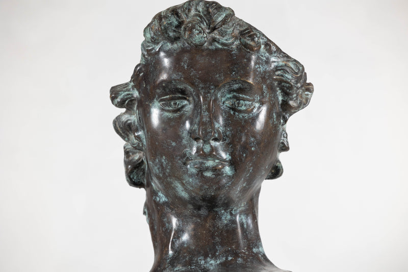 Bronze Renaissance-Inspired David Head Sculpture on Black Marble Base