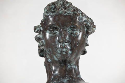 Bronze Renaissance-Inspired David Head Sculpture on Black Marble Base