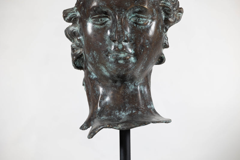 Bronze Renaissance-Inspired David Head Sculpture on Black Marble Base