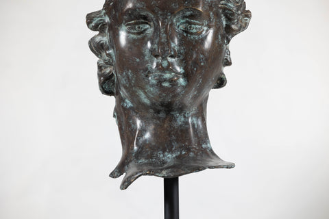 Bronze Renaissance-Inspired David Head Sculpture on Black Marble Base