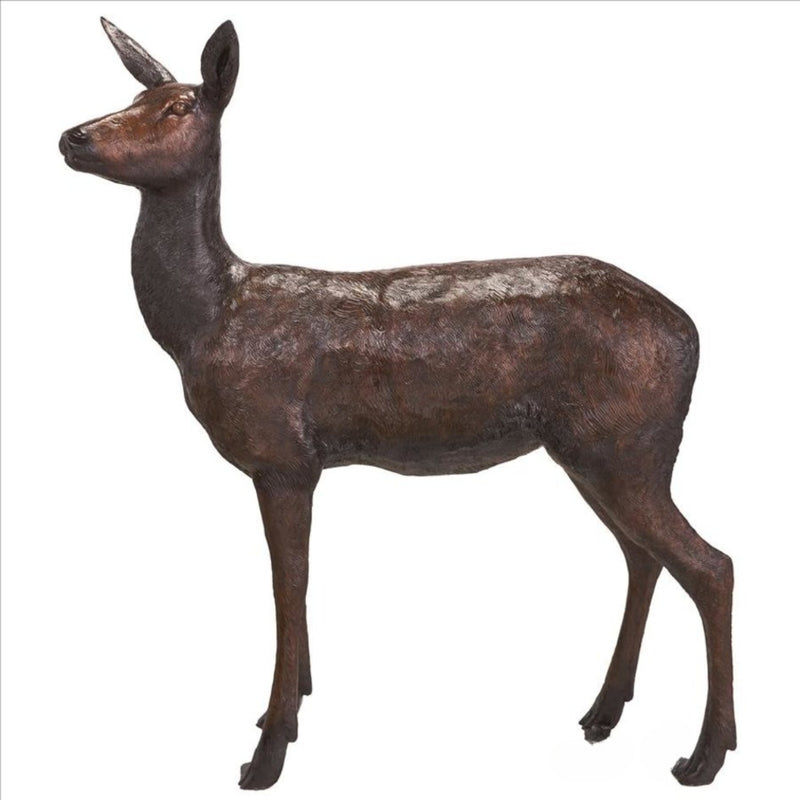 alternate view of a doe deer statue- Pair of bronze deer garden statues together