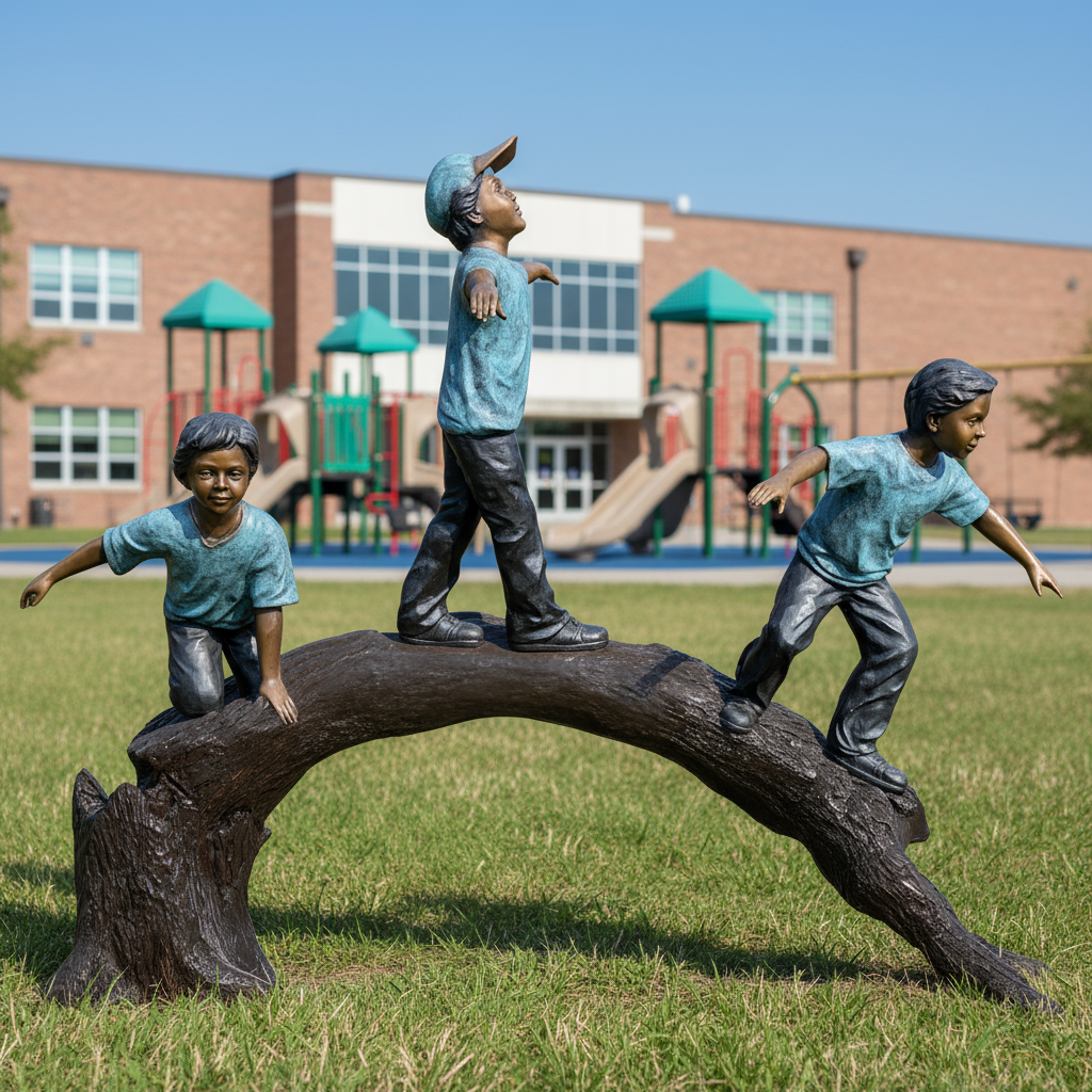 Bronze Balancing Act Trio on Log Statue