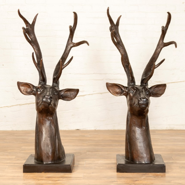 Pair of Bronze Deer Statues of Stag Head Busts | Randolph Rose Collection