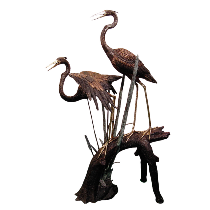 Pair of large bronze heron statues tubed as a fountain on a tree stump - Randolph Rose Collection