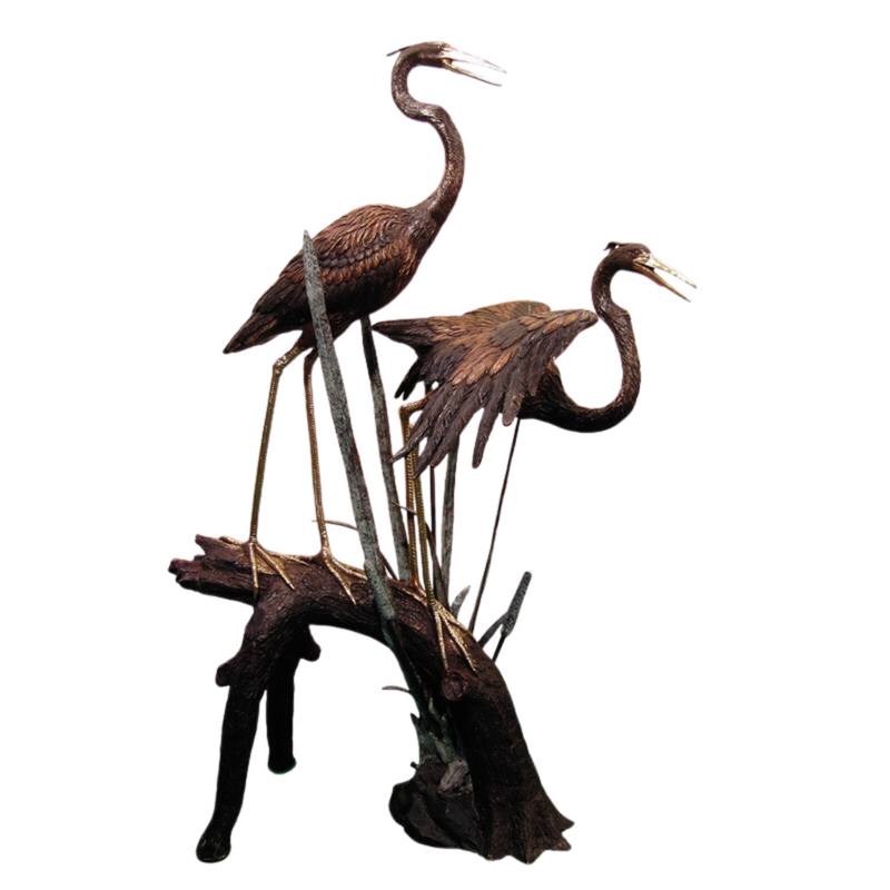 Two large bronze heron statues tubed as a fountain on a tree stump - Randolph Rose Collection