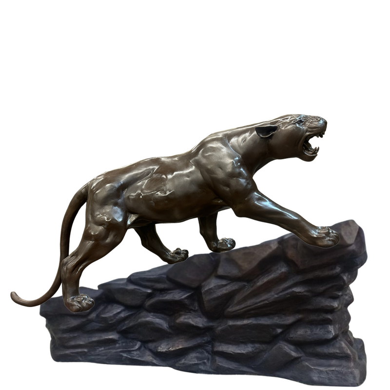 Bronze Prowling Panther Statue on Rock Base
