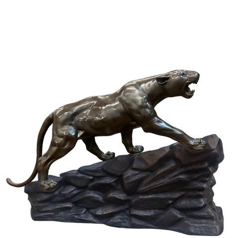Bronze Prowling Panther Statue on Rock Base