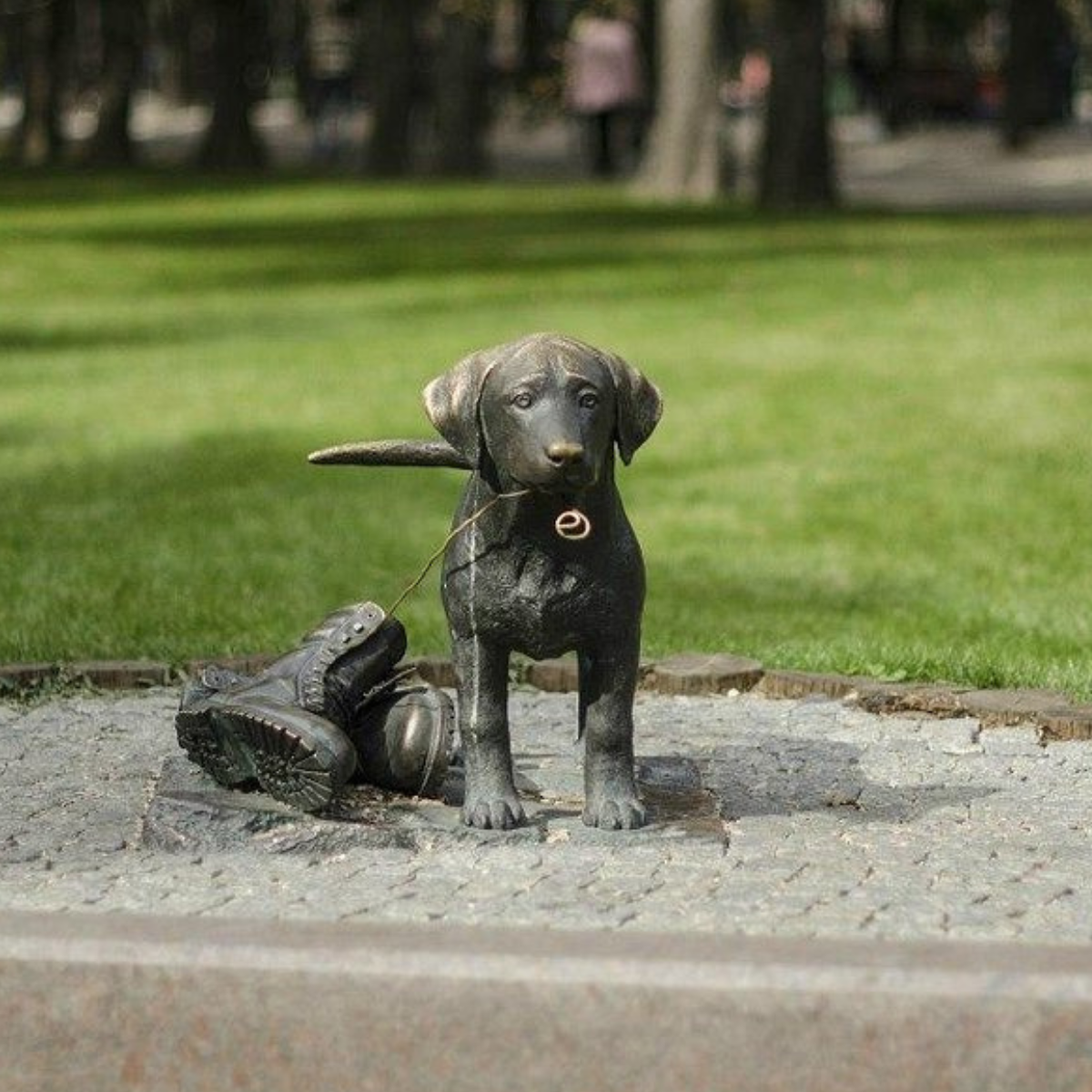 Life-size Labrador Puppy Dog Statue with Boot Laces in Mouth