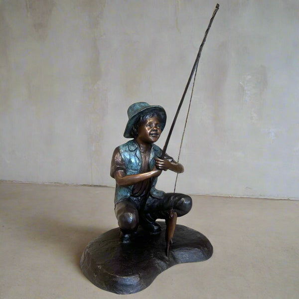 bronze boy with fishing pole Children's Statue for Kids Traditional style Bronze Children Fishing Statues |