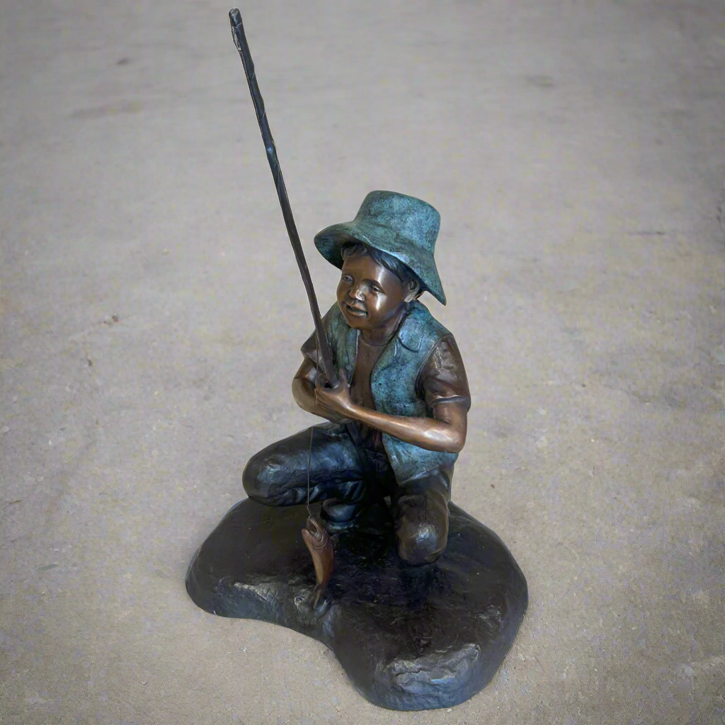 bronze child with a fishing pole Bronze Boy Gone Fishing Statue