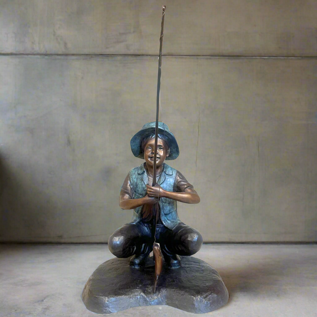 bronze child with a fishing pole Bronze Boy Gone Fishing Statue