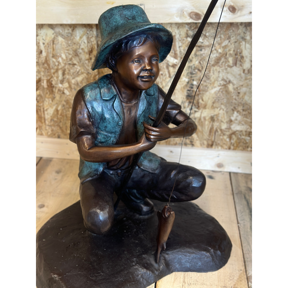 Children's Bronze Fishing Statue on Base