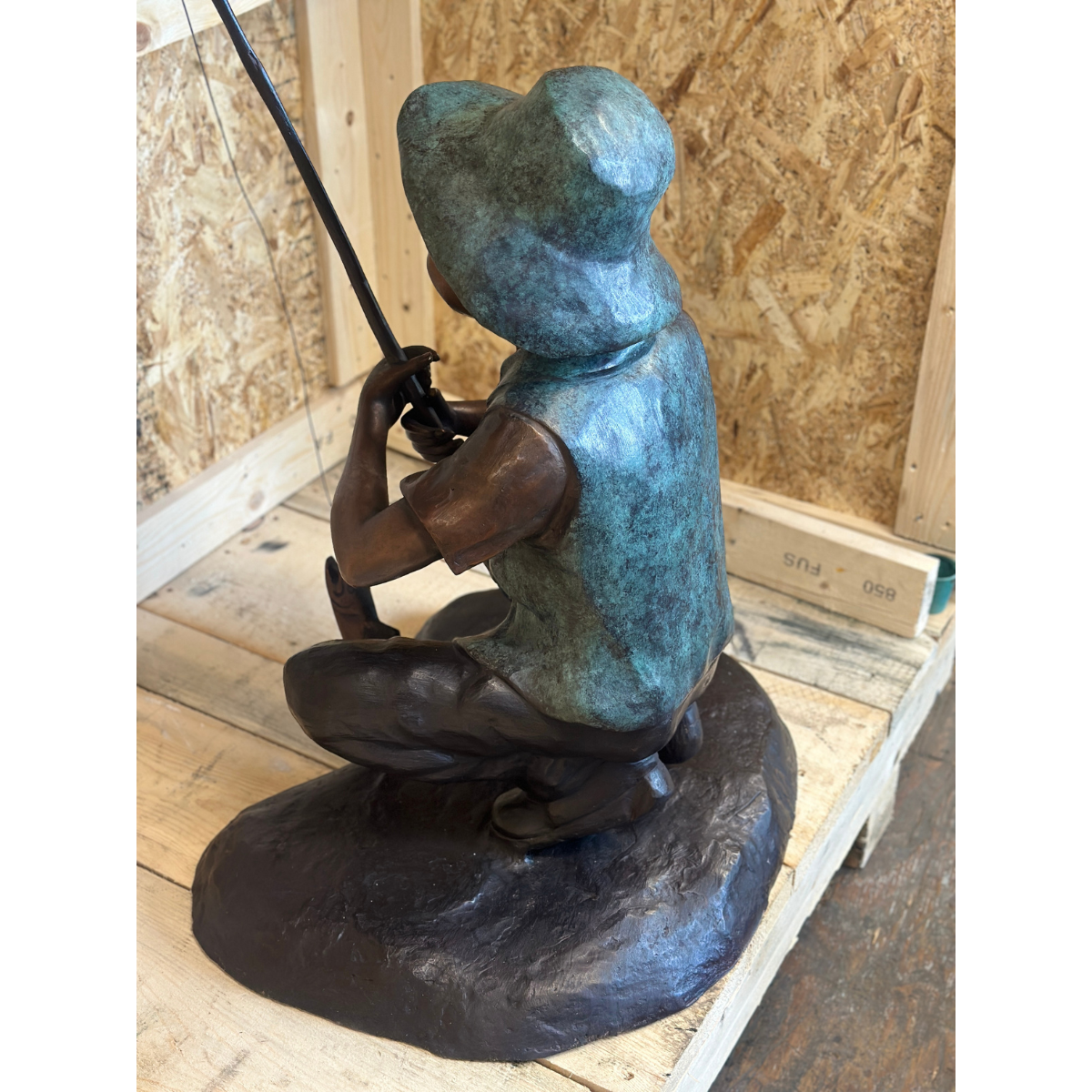 bronze child with a fishing pole Bronze Boy Gone Fishing Statue