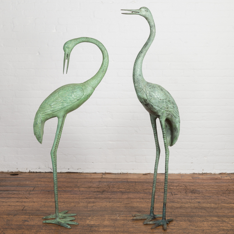 Pair of Life-size Green Bronze Crane Statues | Randolph Rose